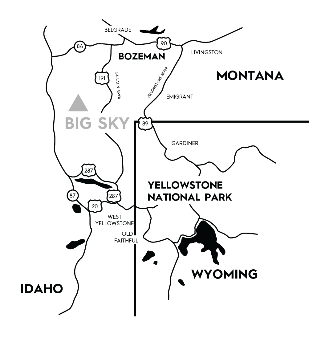 Graphic map depicting the location of Big Sky Resort to the surrounding cities and Yellowstone National Park